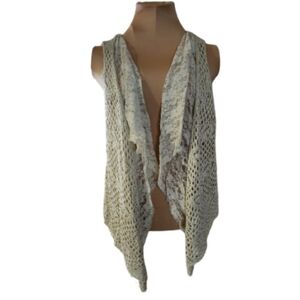 Say What‎ Women's Large Crochet and Lace Tan Fringed Boho Vest